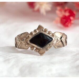 Art Deco Black Onyx Minimalist 925 Sterling Silver Vintage Ring - sz 5